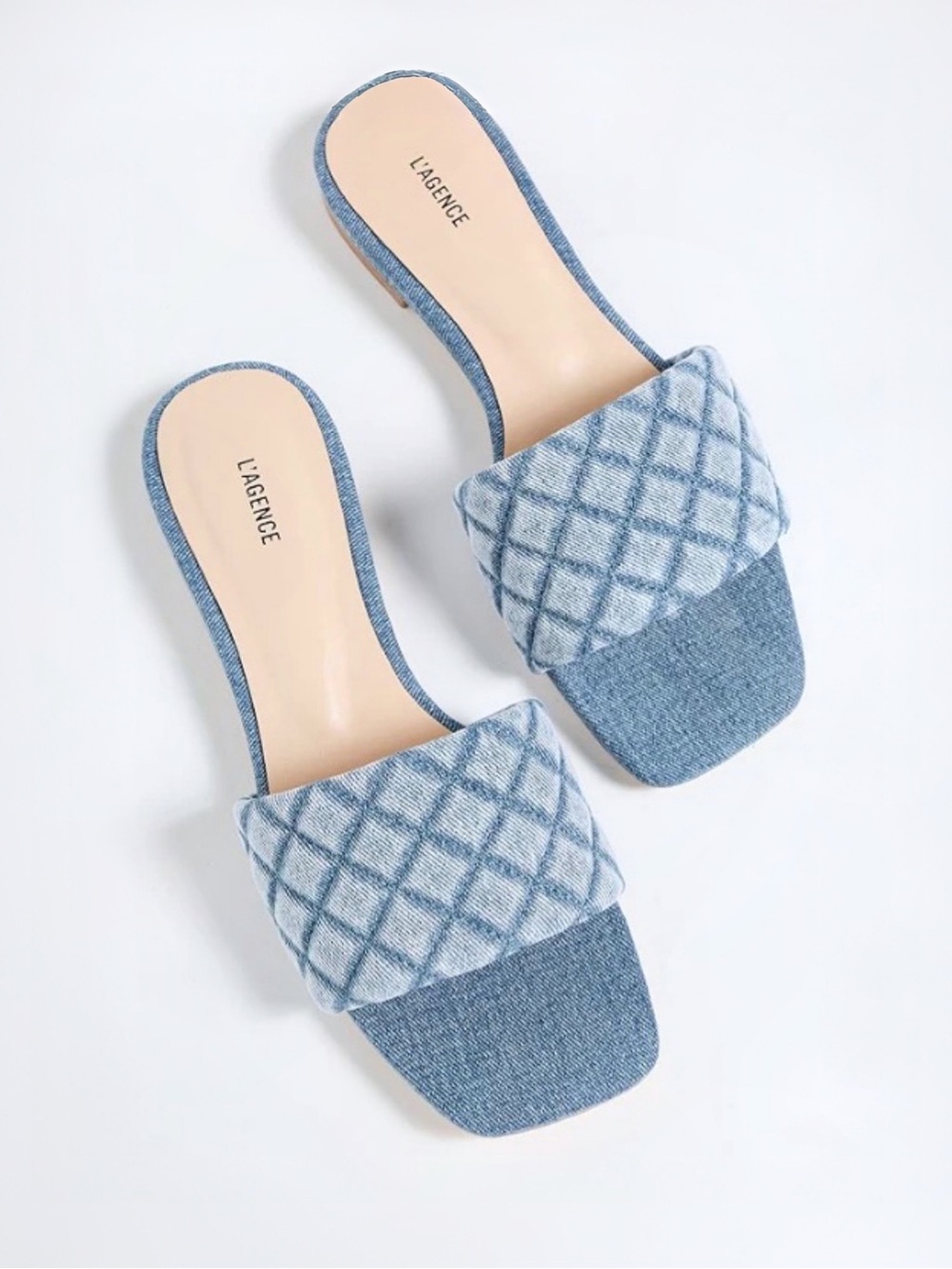 L'AGENCE Aloise Quilted Denim Slide Sandals Sz 6.5 MSRP $295 REVOLVE NEW